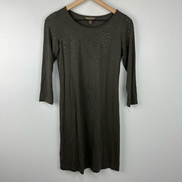 Tommy Bahama Embellished Dark Green L/S Swing Dress XS - Picture 1 of 6